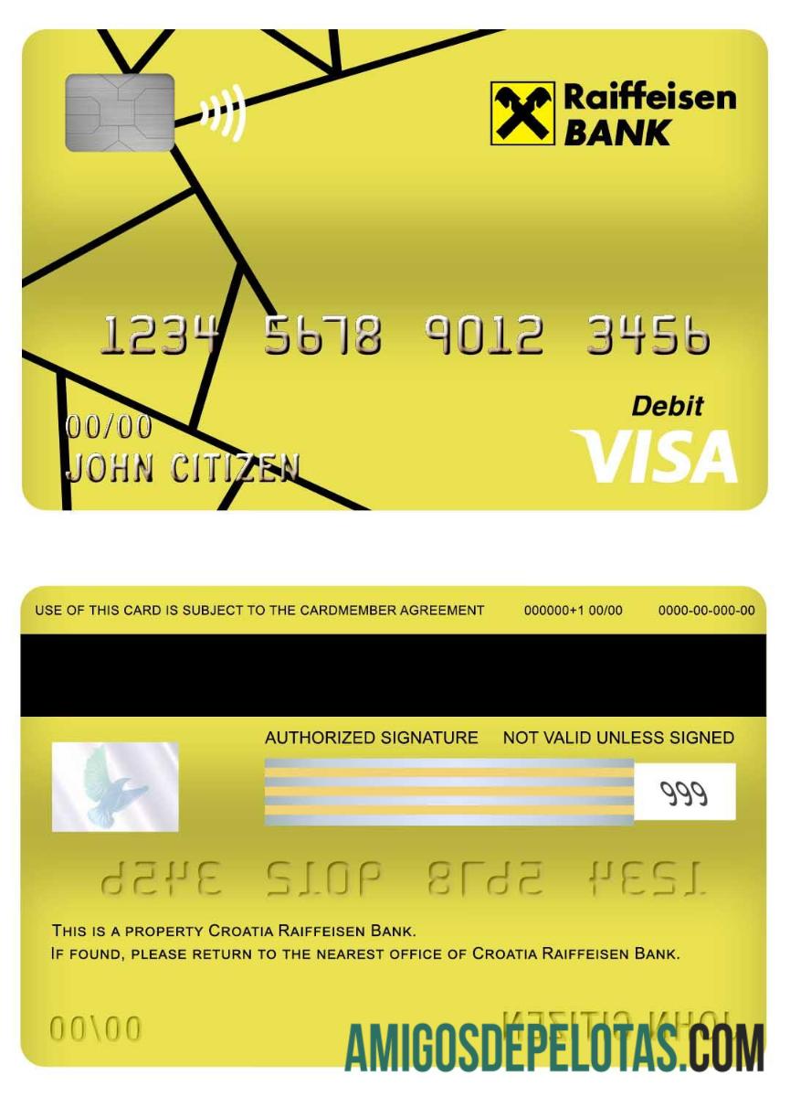 Cartão de débito Visa do banco Raiffeisen da Croácia exemplo real